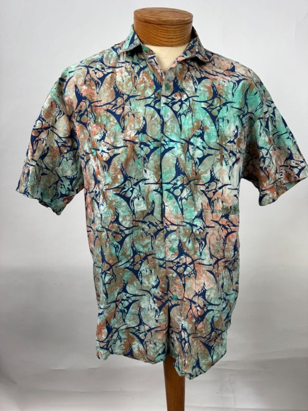 Rum Reggae Mens M Batik Cotton Shirt Marlin Fish Print Short Sleeve Made In Indo